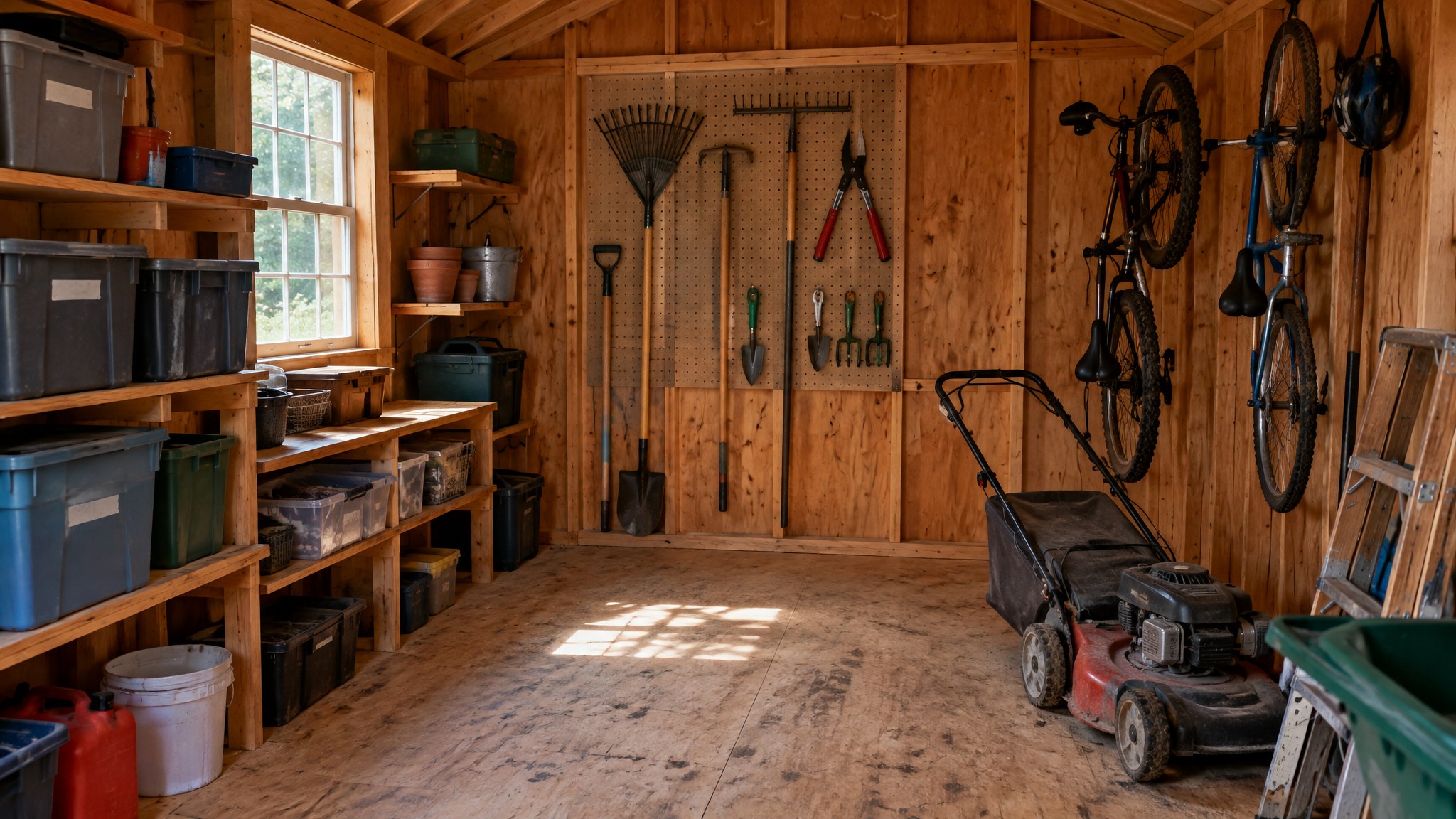 Neatly organized Waterloo Structure shed interior for homeowners in Chester County PA