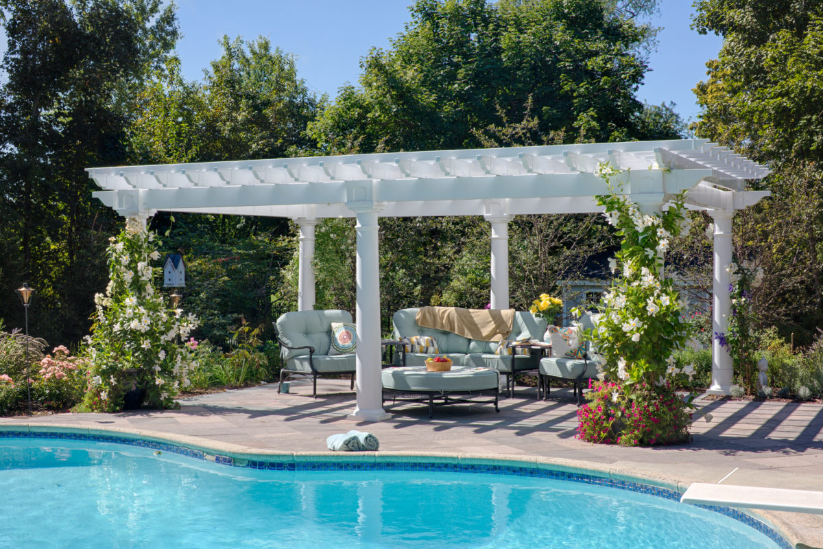 White Vinyl Artisan Pergola White vinyl artisan pergola from Waterloo Structure serving PA DE NJ MD
